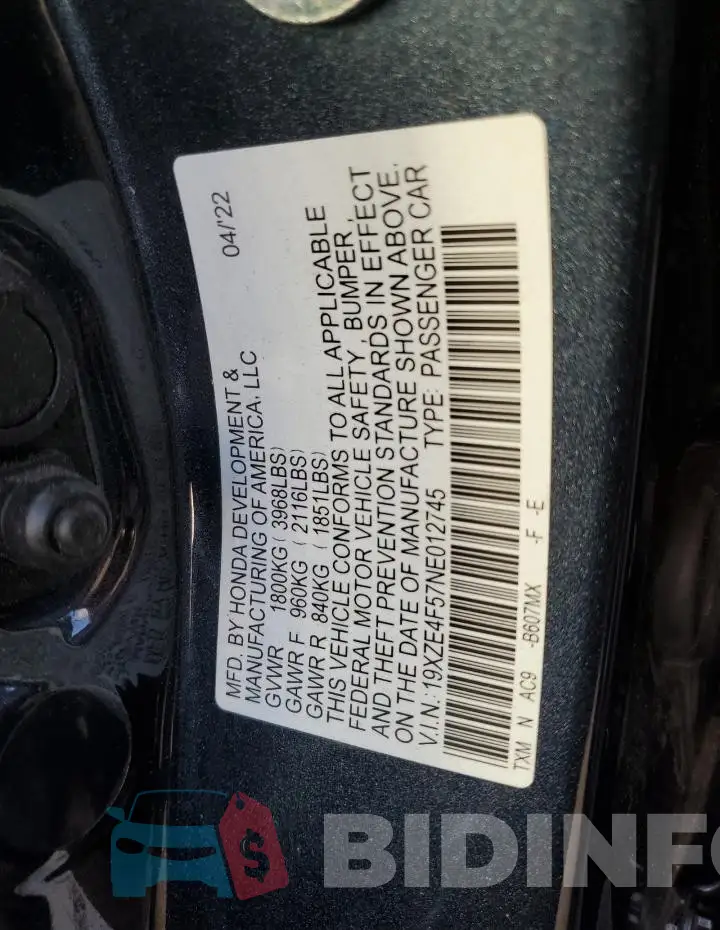 19XZE4F57NE012745 Photo# 13