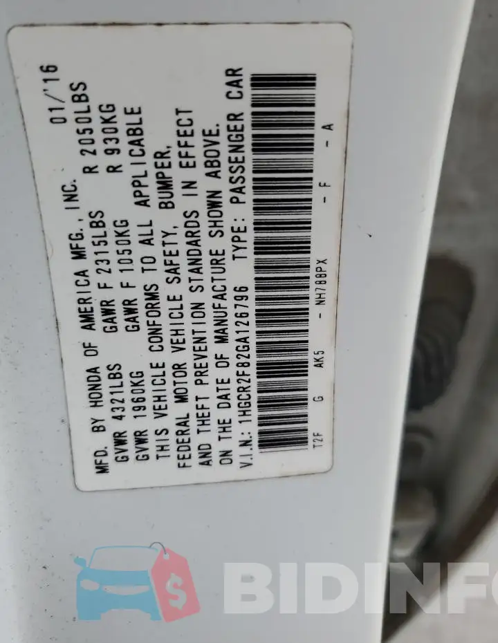 1HGCR2F82GA126796 Photo# 12