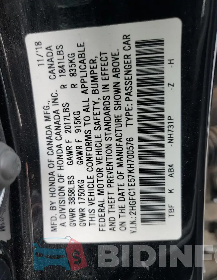 2HGFC1E57KH700576 Photo# 12