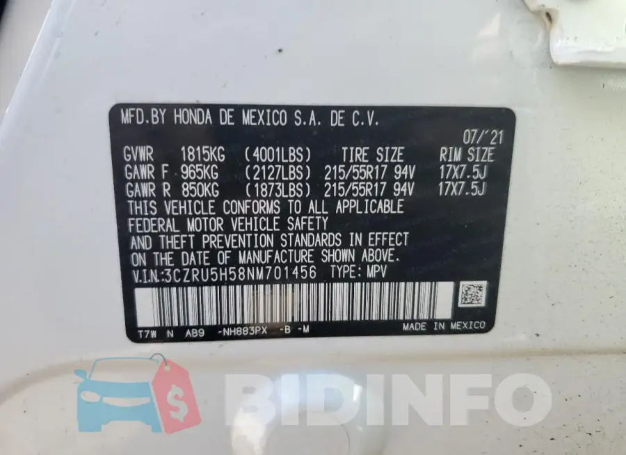 3CZRU5H58NM701456 Photo# 12