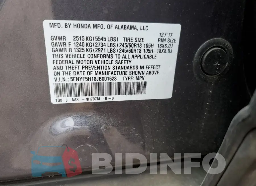 5FNYF5H18JB001623 Photo# 13