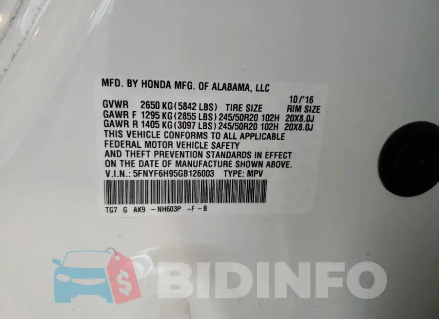 5FNYF6H95GB126003 Photo# 14
