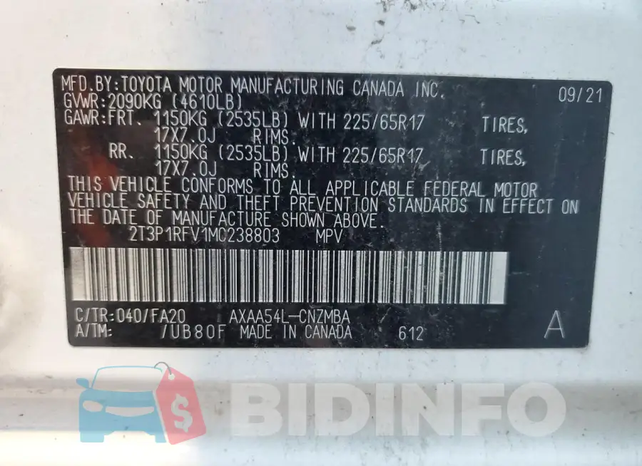 2T3P1RFV1MC238803 Photo# 12