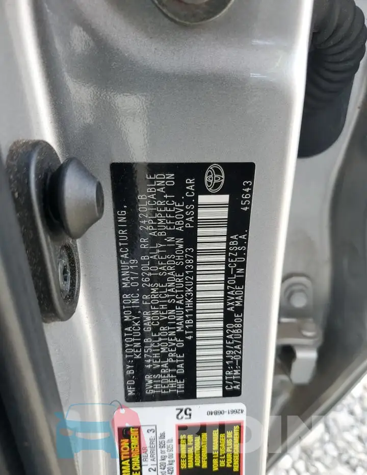 4T1B11HK3KU213873 Photo# 12