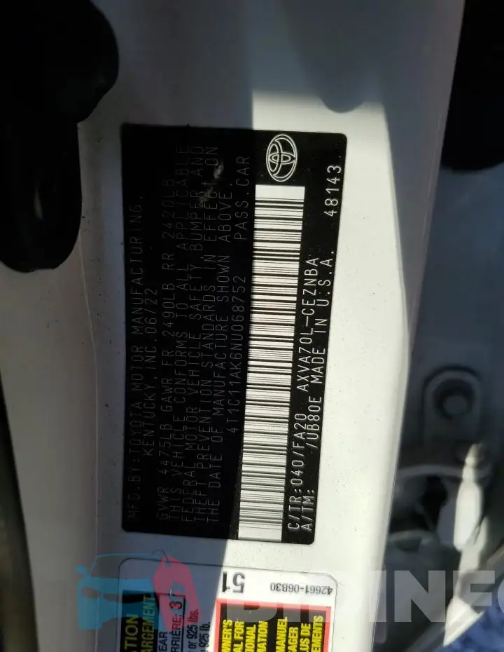 4T1C11AK6NU068752 Photo# 12
