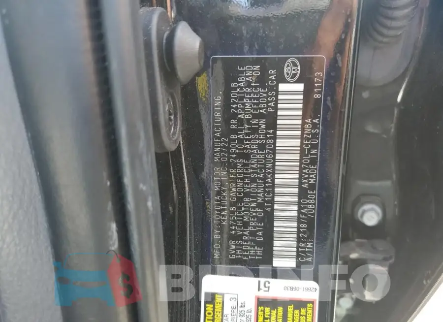 4T1C11AKXNU670814 Photo# 12