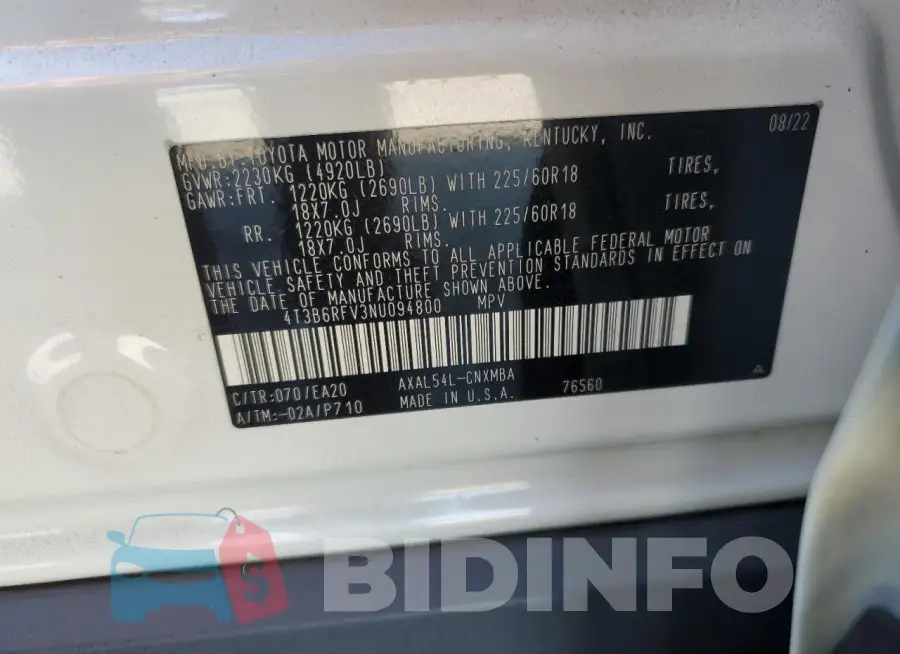 4T3B6RFV3NU094800 Photo# 13