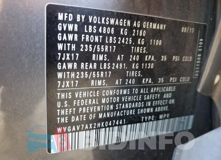 WVGAV7AX2HK047441 Photo# 13
