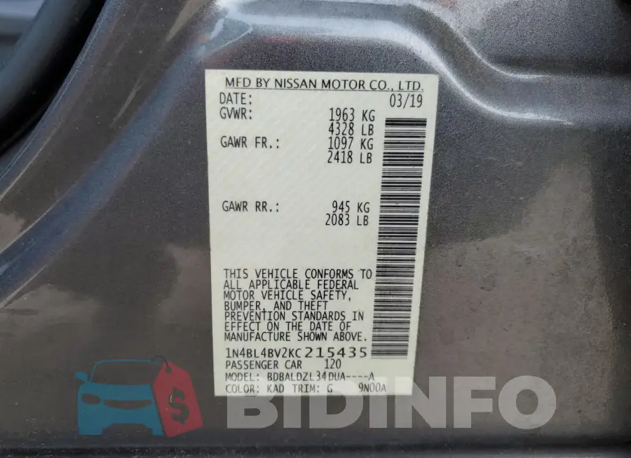 1N4BL4BV2KC215435 Photo# 12