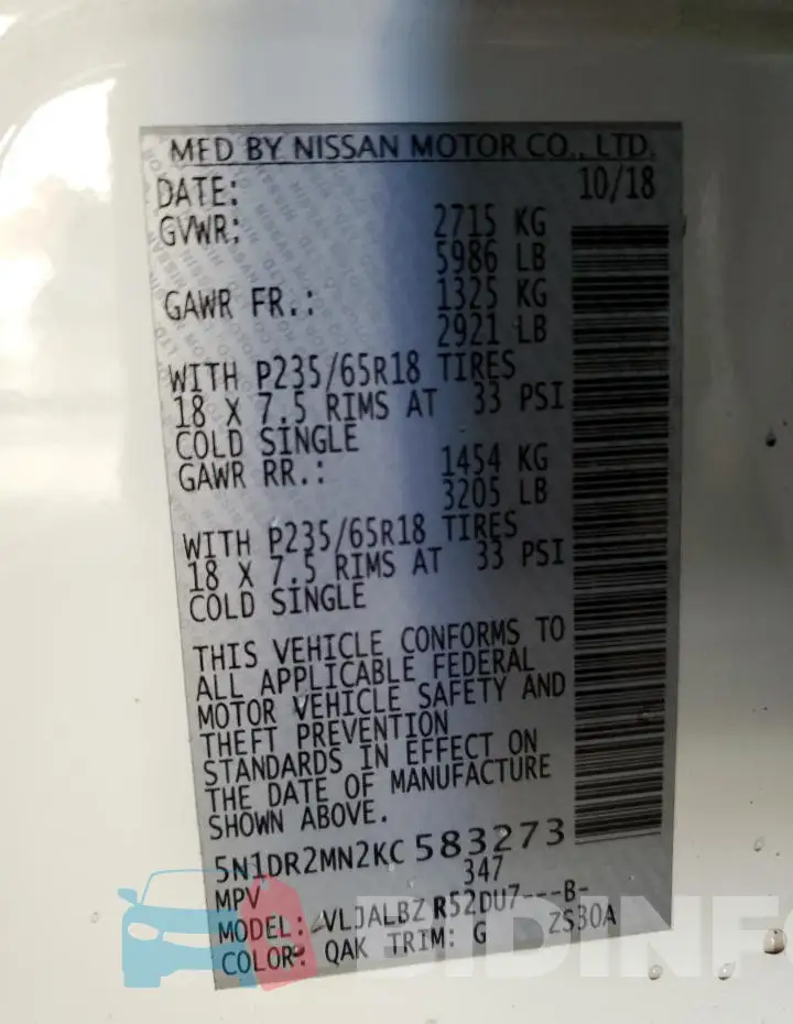 5N1DR2MN2KC583273 Photo# 13