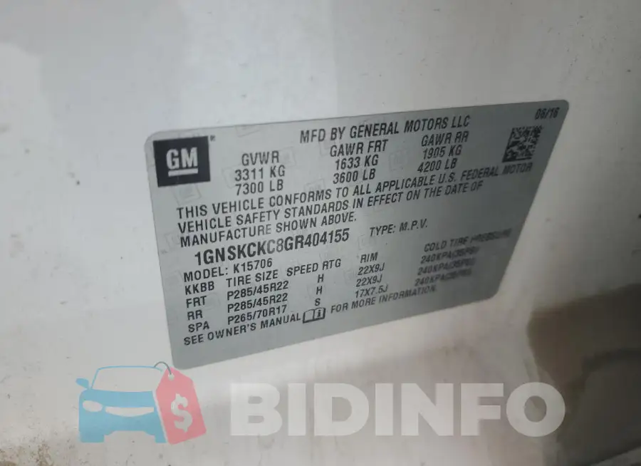 1GNSKCKC8GR404155 Photo# 14