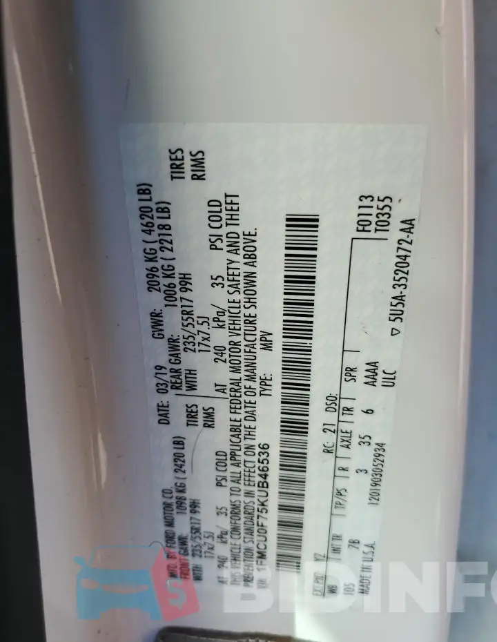 1FMCU0F75KUB46536 Photo# 12