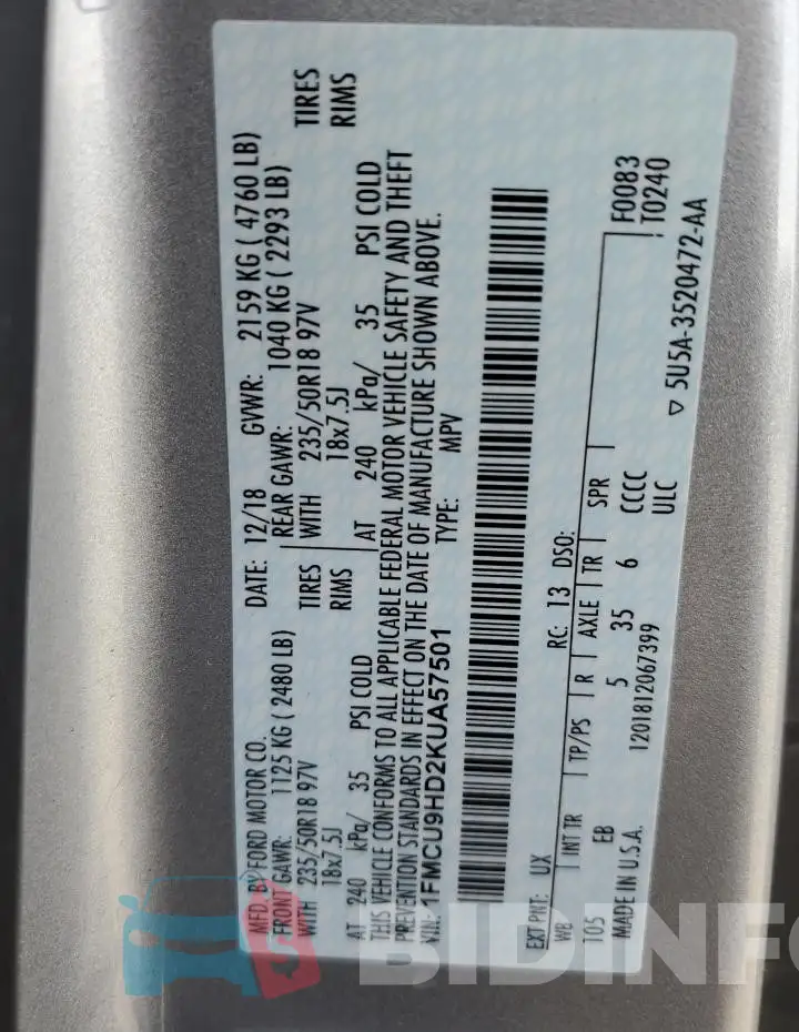 1FMCU9HD2KUA57501 Photo# 13