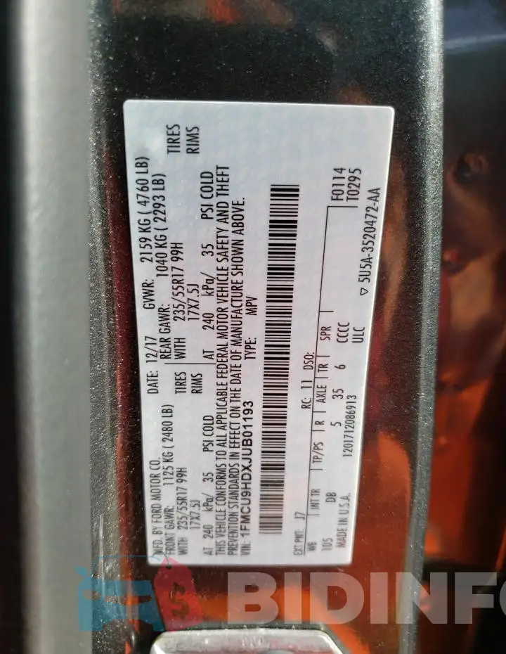 1FMCU9HDXJUB01193 Photo# 12