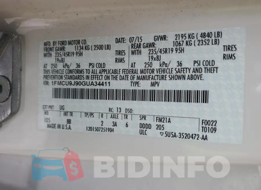 1FMCU9J90GUA34411 Photo# 14