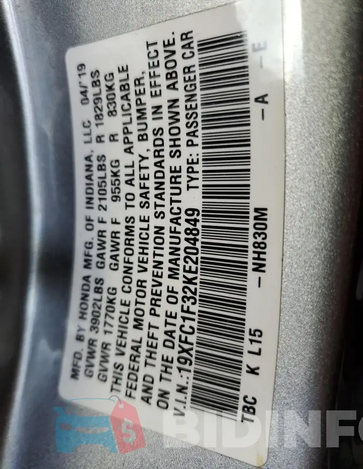 19XFC1F32KE204849 Photo# 12