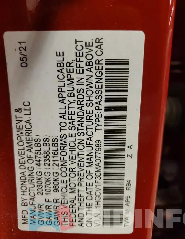 1HGCV1F30MA077989 Photo# 12