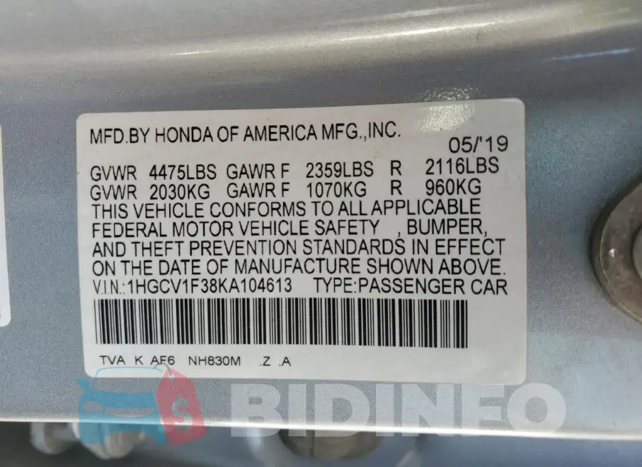 1HGCV1F38KA104613 Photo# 12
