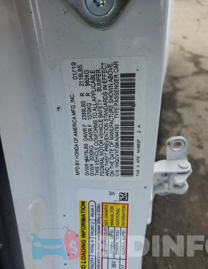 1HGCV1F39KA044793 Photo# 12