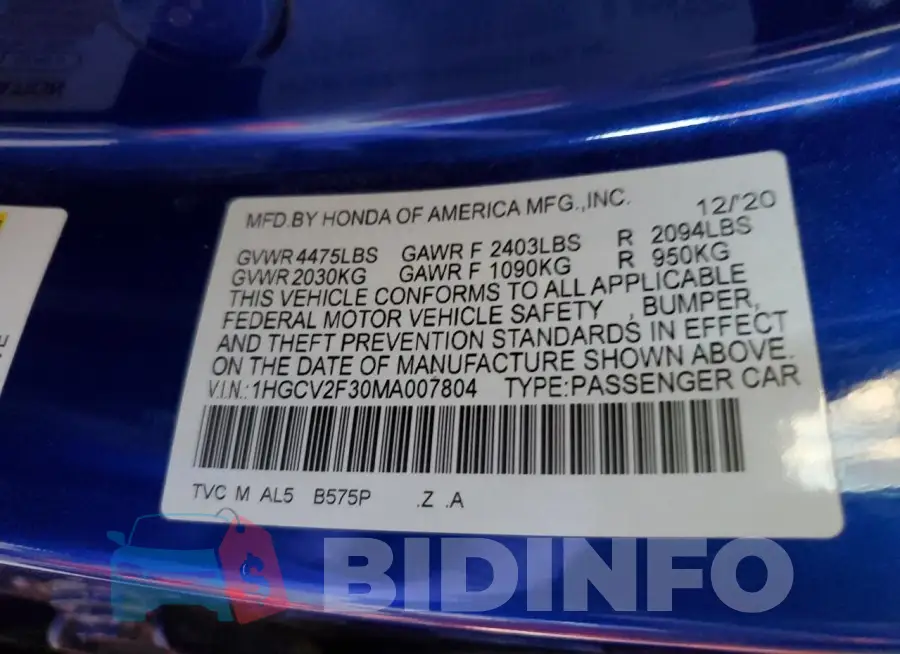 1HGCV2F30MA007804 Photo# 12