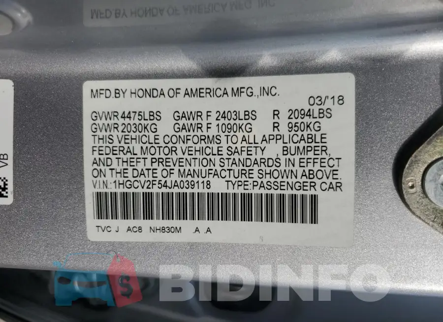 1HGCV2F54JA039118 Photo# 12