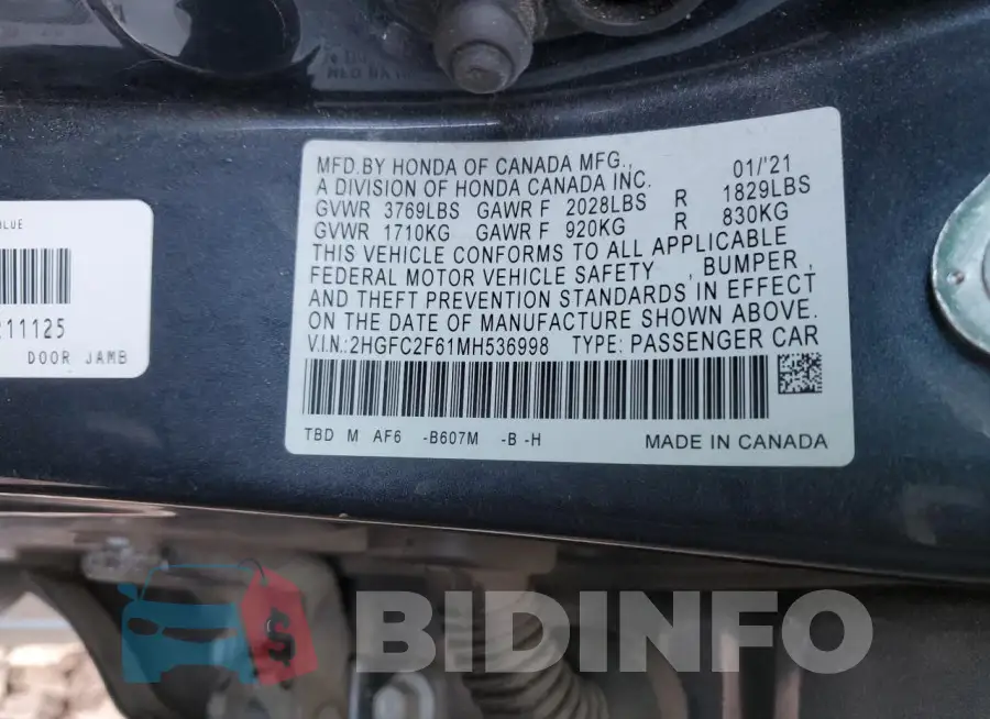 2HGFC2F61MH536998 Photo# 12