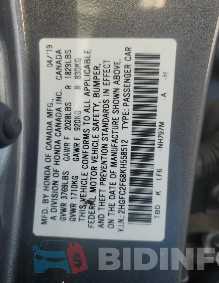 2HGFC2F68KH558512 Photo# 12