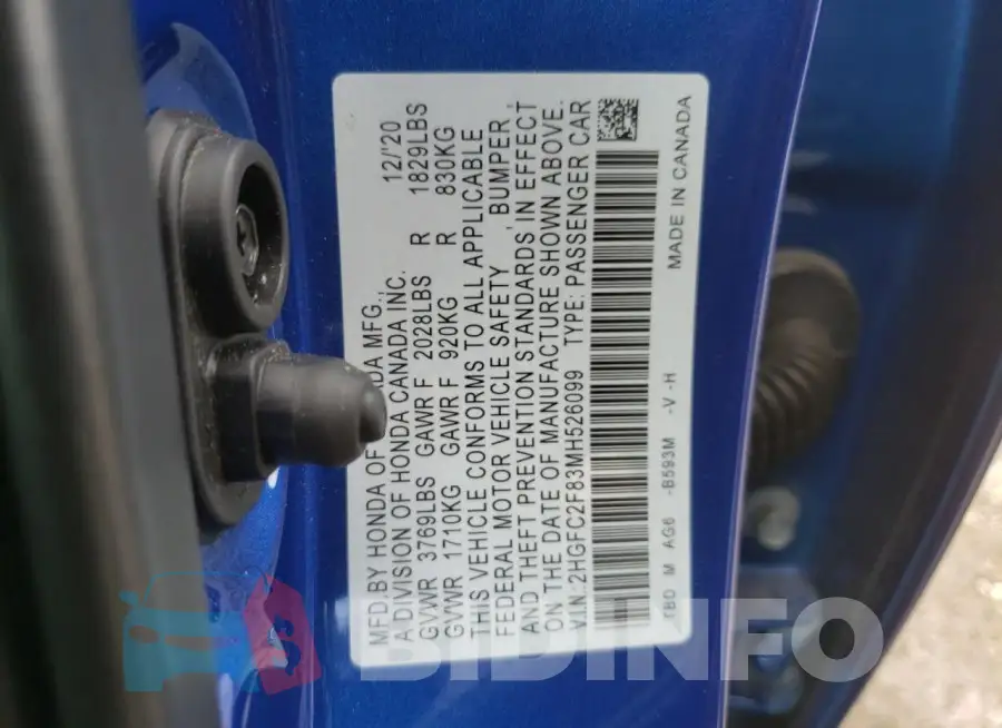 2HGFC2F83MH526099 Photo# 12