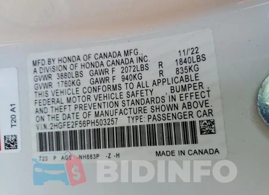 2HGFE2F56PH503257 Photo# 13