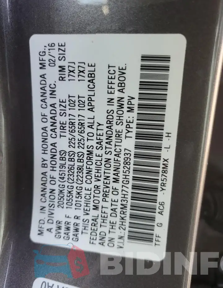 2HKRM3H77GH528937 Photo# 14