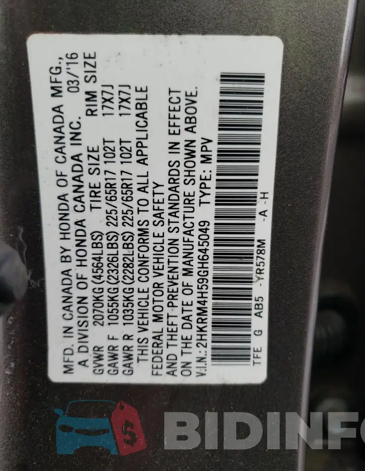 2HKRM4H59GH645049 Photo# 13