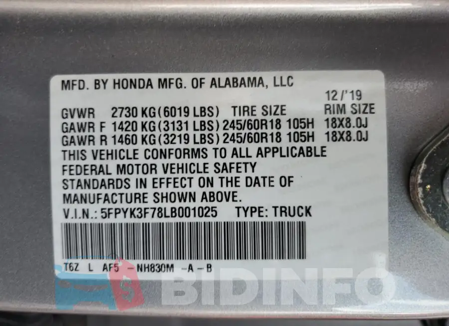 5FPYK3F78LB001025 Photo# 12