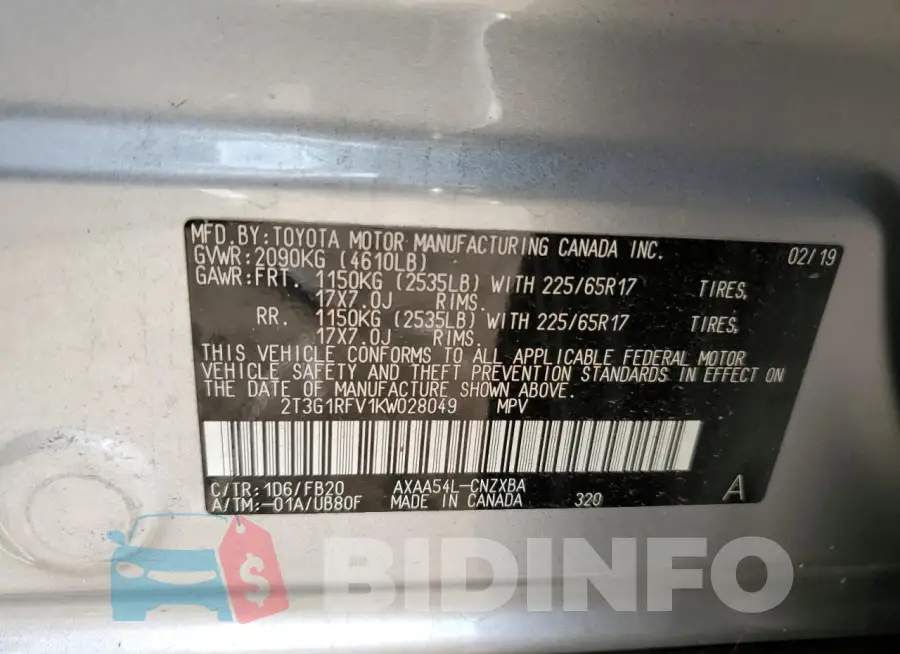 2T3G1RFV1KW028049 Photo# 13
