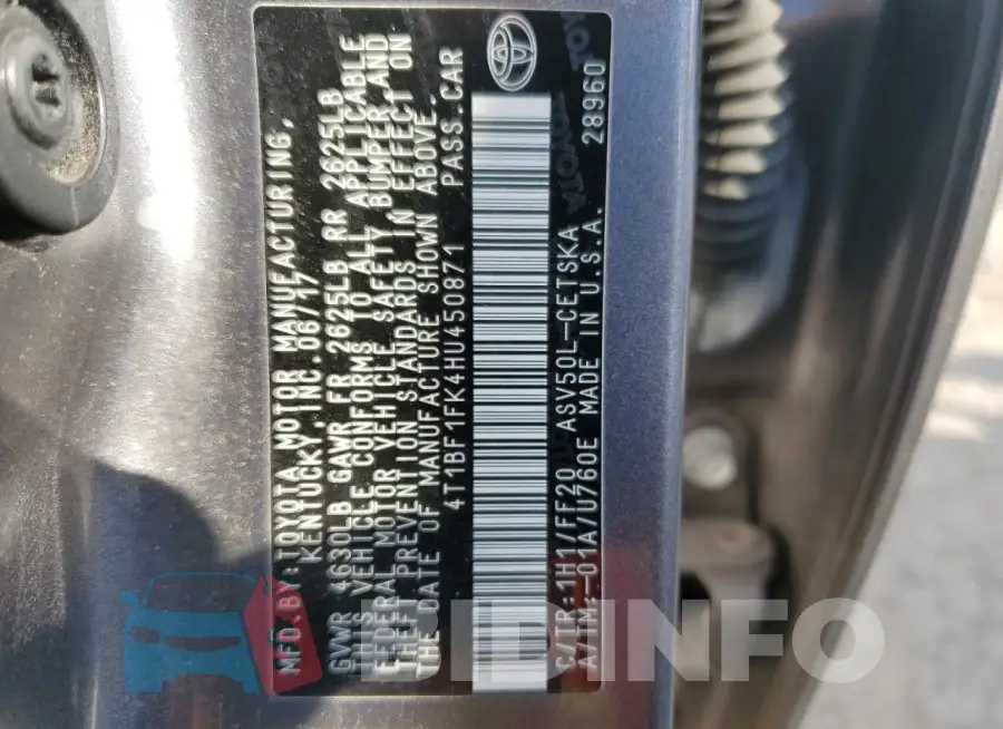 4T1BF1FK4HU450871 Photo# 12