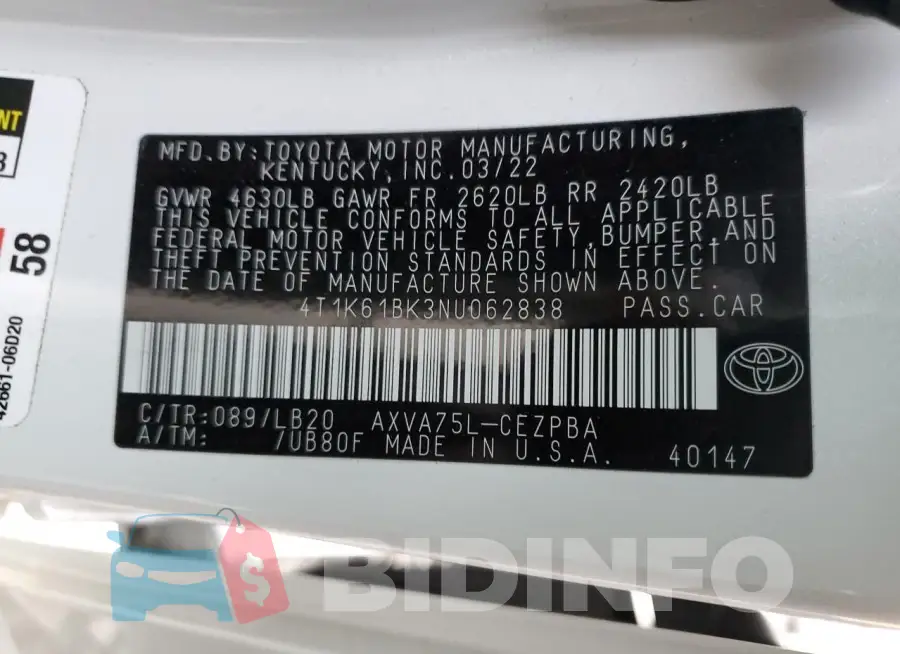 4T1K61BK3NU062838 Photo# 12