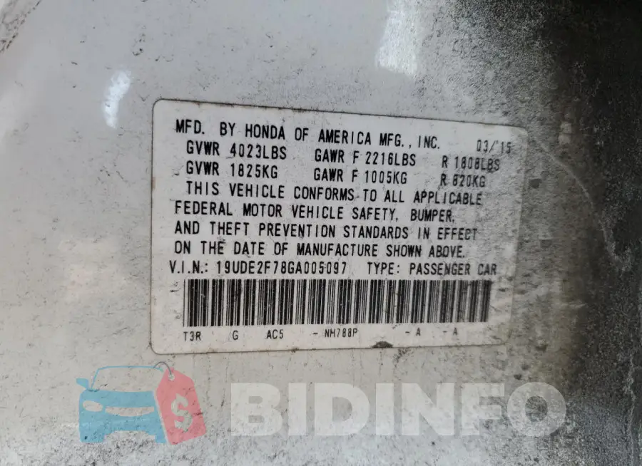 19UDE2F78GA005097 Photo# 13