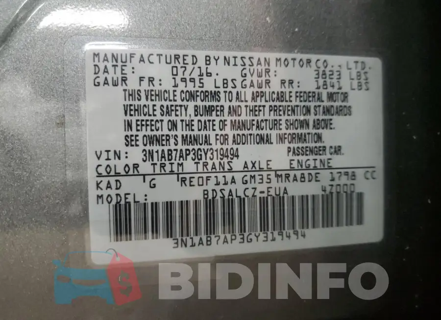 3N1AB7AP3GY319494 Photo# 12