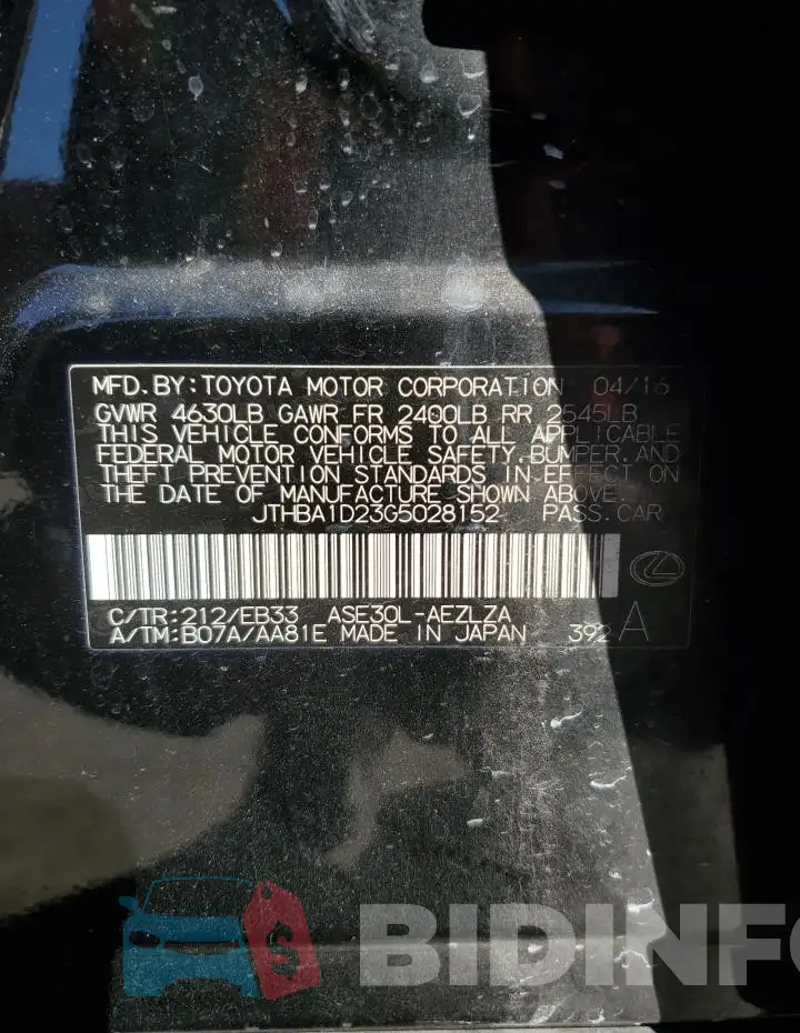 JTHBA1D23G5028152 Photo# 12