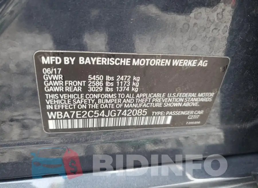 WBA7E2C54JG742085 Photo# 12