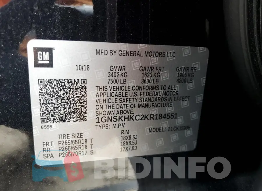 1GNSKHKC2KR184551 Photo# 13