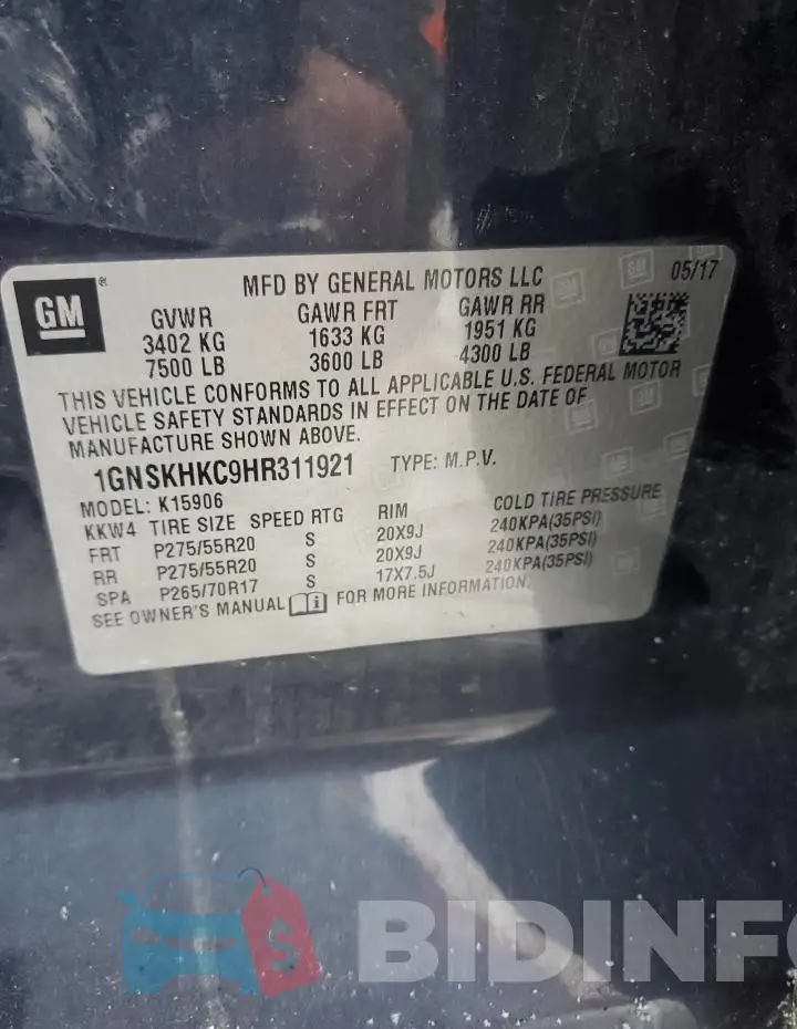 1GNSKHKC9HR311921 Photo# 13
