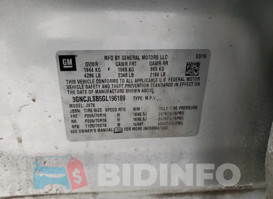 3GNCJLSB5GL196189 Photo# 13