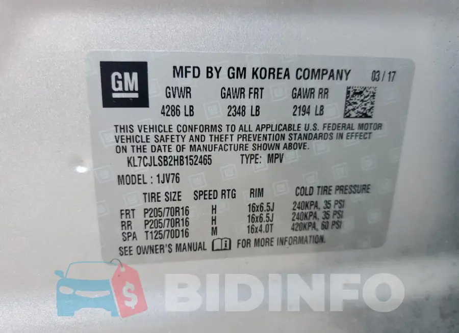KL7CJLSB2HB152465 Photo# 13