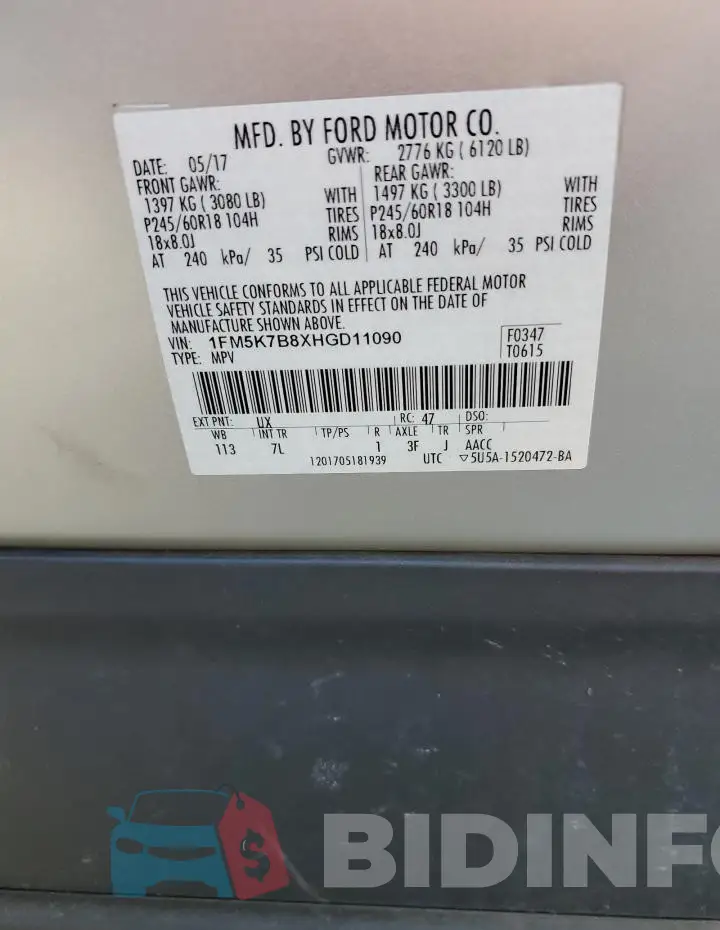 1FM5K7B8XHGD11090 Photo# 14