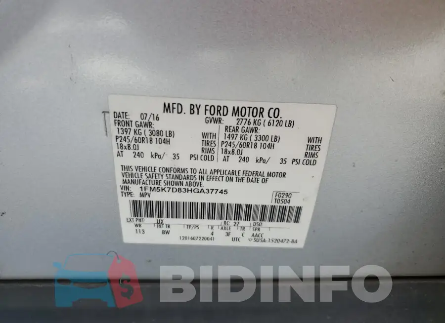 1FM5K7D83HGA37745 Photo# 14