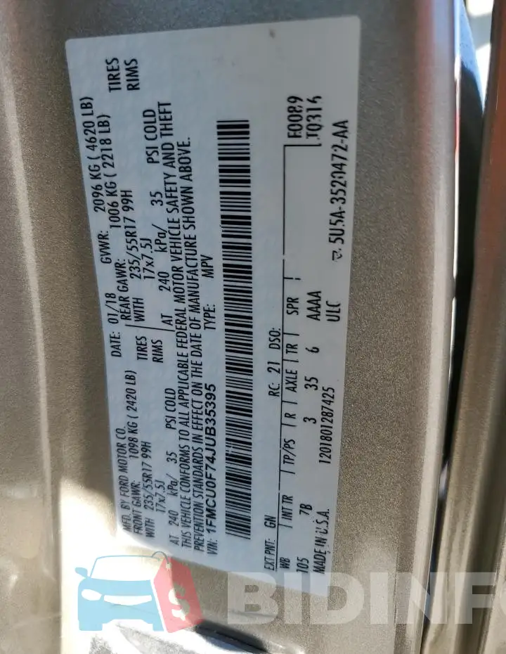 1FMCU0F74JUB35395 Photo# 12