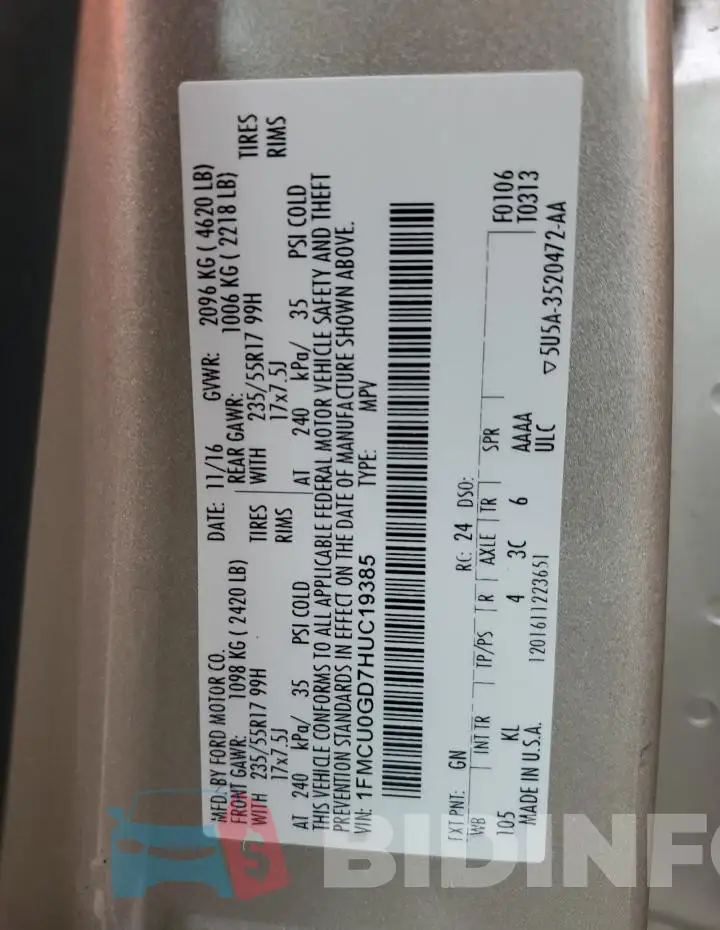 1FMCU0GD7HUC19385 Photo# 13