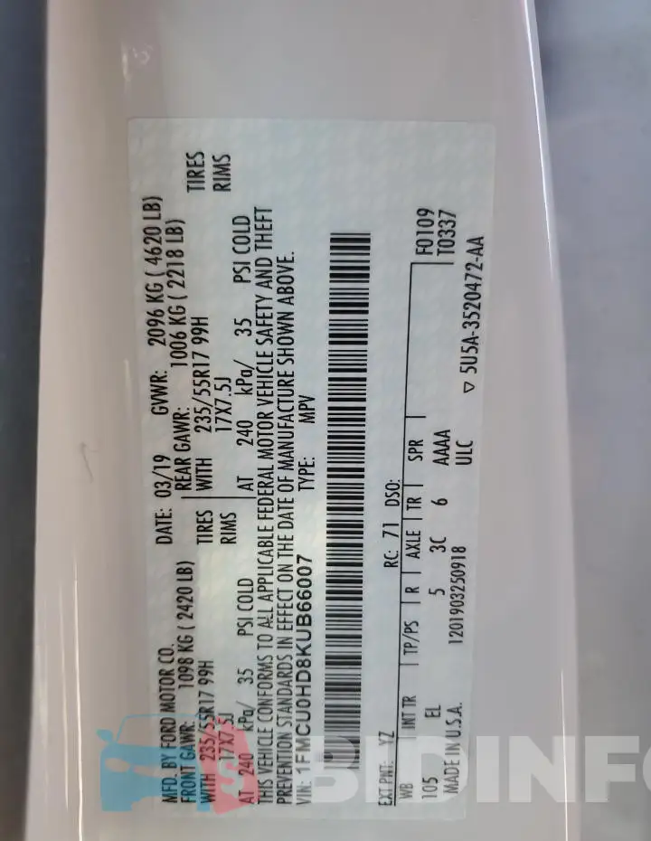 1FMCU0HD8KUB66007 Photo# 14