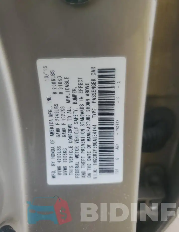 1HGCR2F39GA054144 Photo# 12