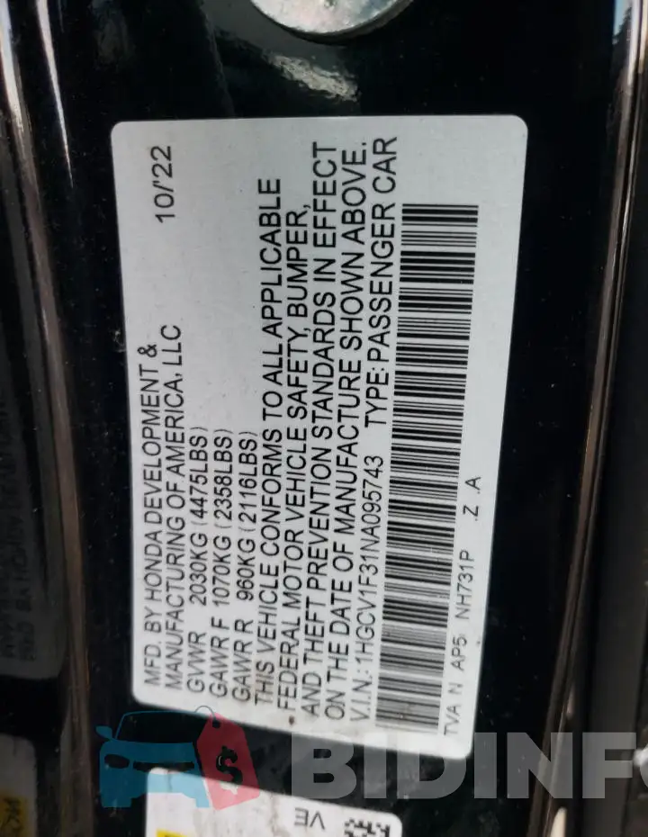 1HGCV1F31NA095743 Photo# 12